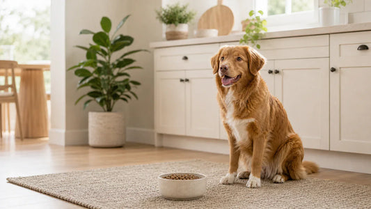Calm dog sitting beside a clean food bowl in soft natural light for a dog digestion guide.